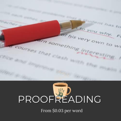 Proofreading Services from $0.03 per word ad mockup with red pen over type