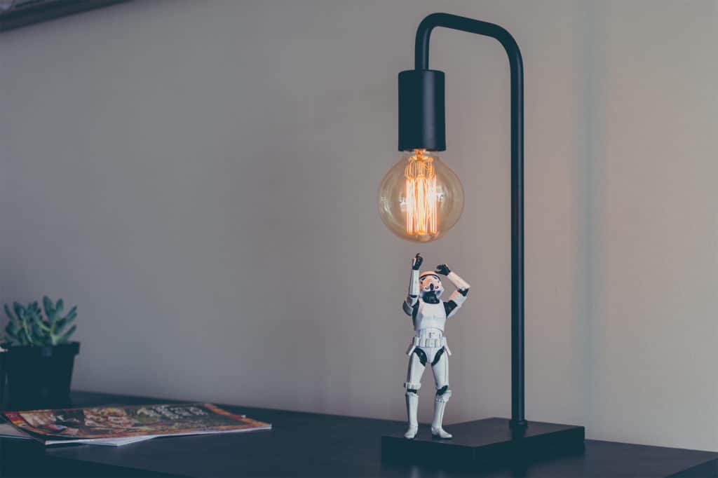 How to Create an Interact Quiz for your Chatbot Using ManyChat (blog title overlay, storm trooper trying to check out a light bulb)