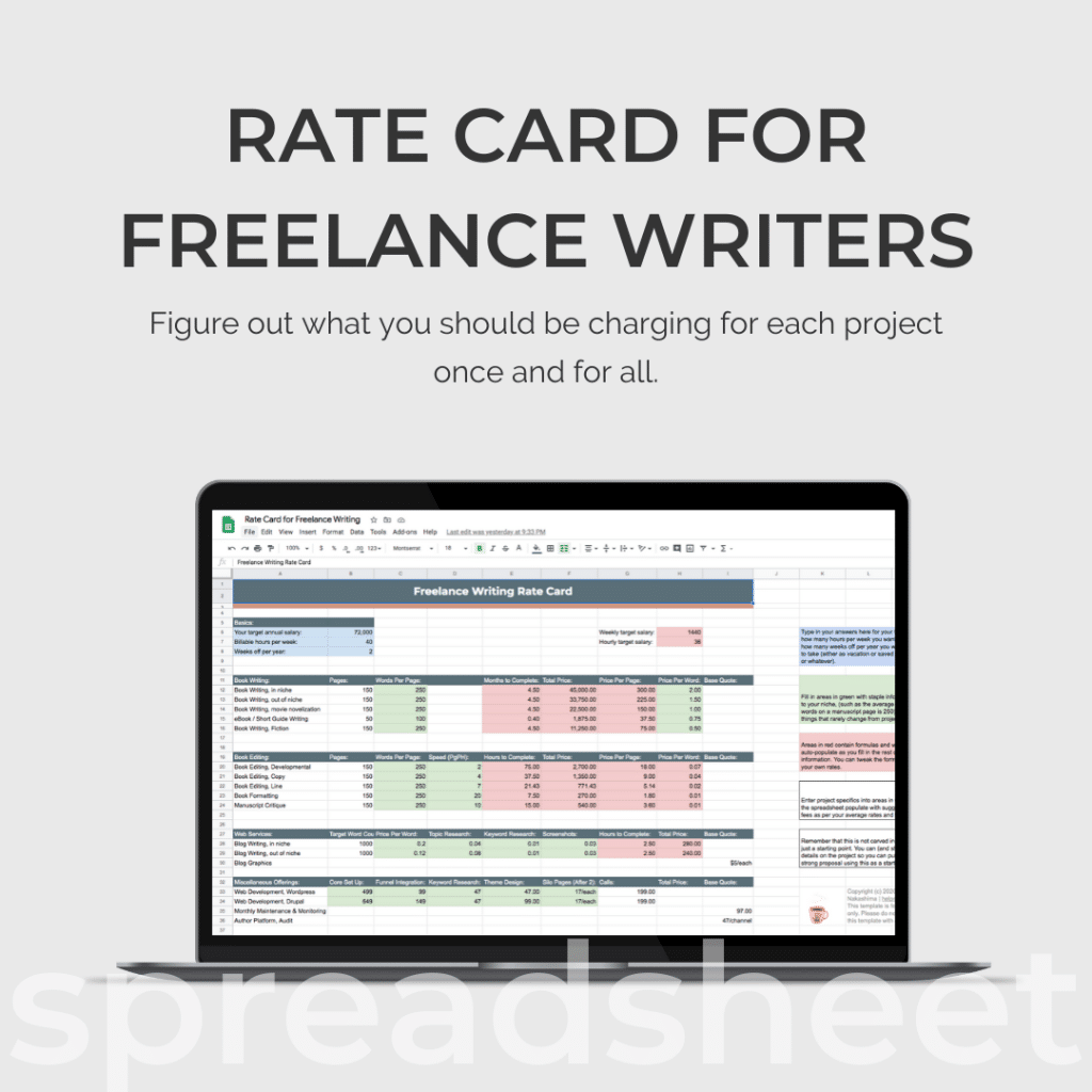 Freelance Writing Rate Card Spreadsheet Mockup Ad