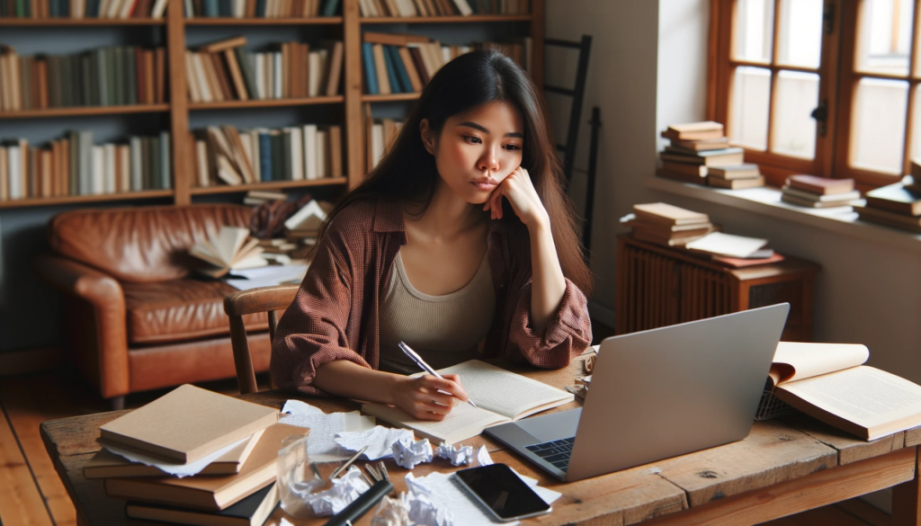 A woman sitting at a desk with a laptop and books.
